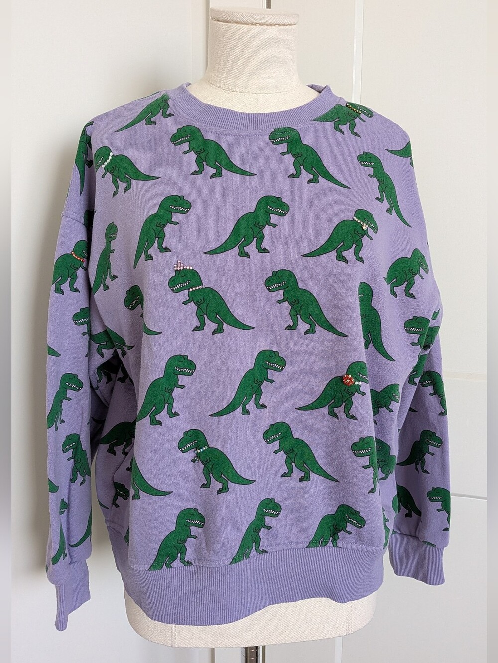 Forever 21 Purple Dinosaur T-Rex Rhinestone Crewneck Sweater Embellished Small